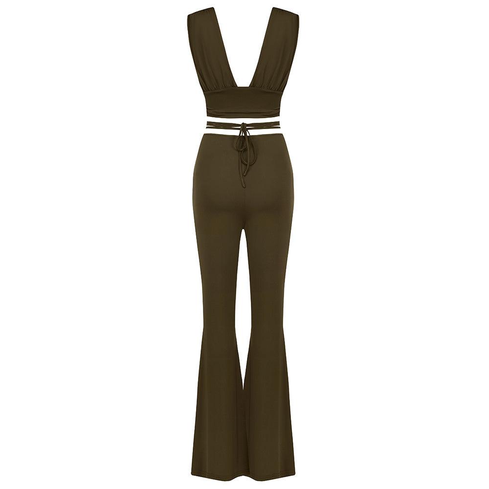 KittenAlarm - Veronica Solid Bralette Top & Lace Up Belted Flare Pants Set