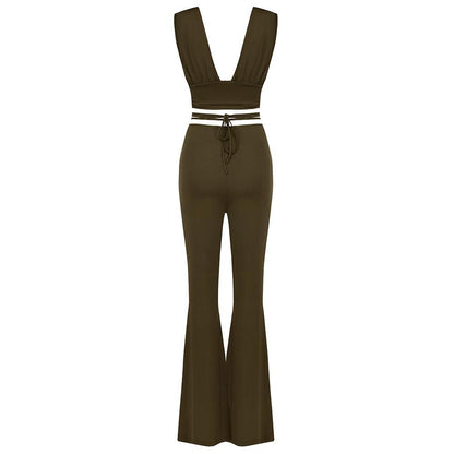 KittenAlarm - Veronica Solid Bralette Top & Lace Up Belted Flare Pants Set