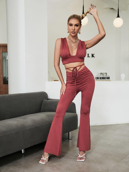KittenAlarm - Veronica Solid Bralette Top & Lace Up Belted Flare Pants Set