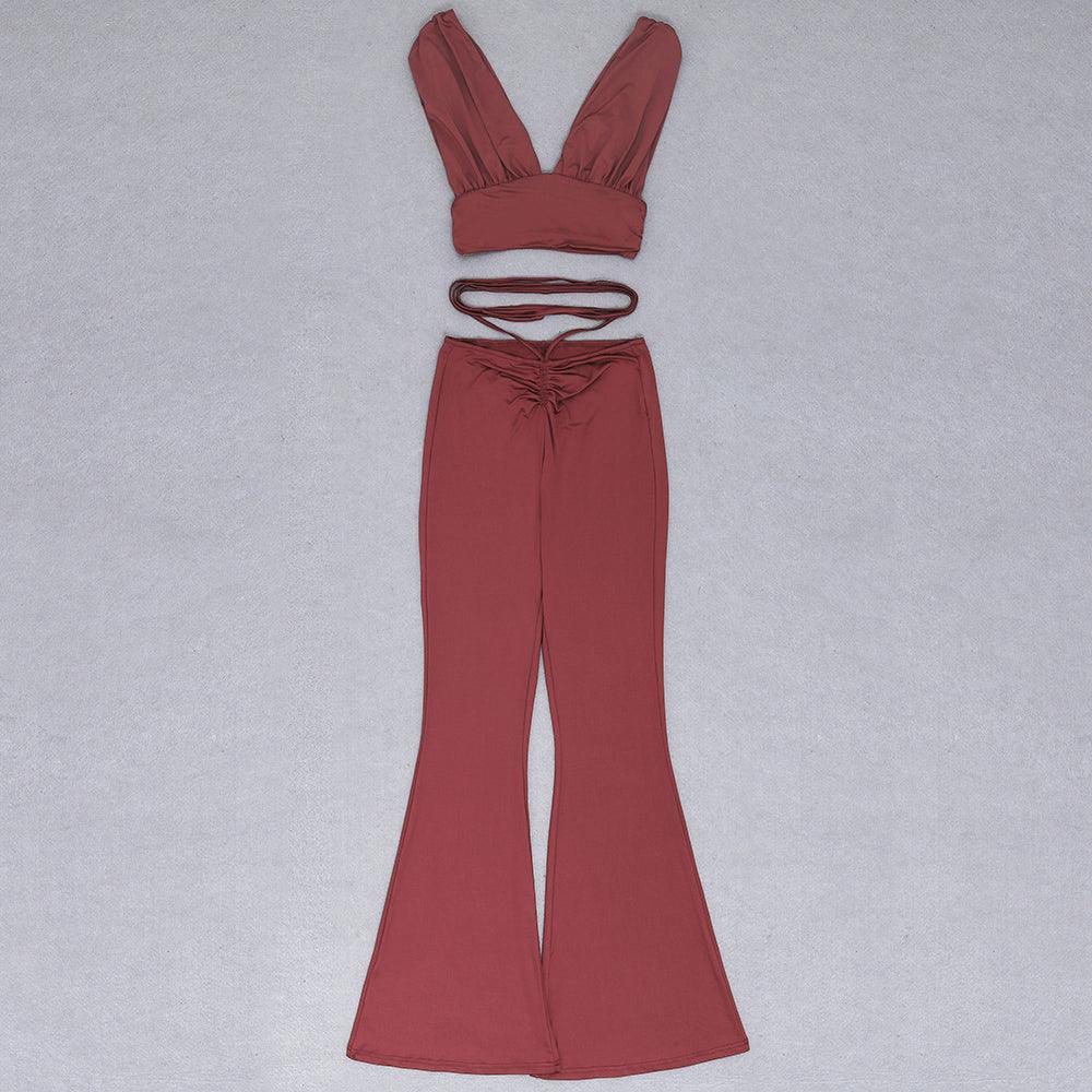 KittenAlarm - Veronica Solid Bralette Top & Lace Up Belted Flare Pants Set