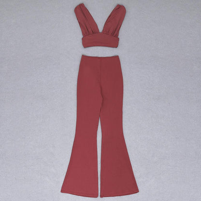KittenAlarm - Veronica Solid Bralette Top & Lace Up Belted Flare Pants Set