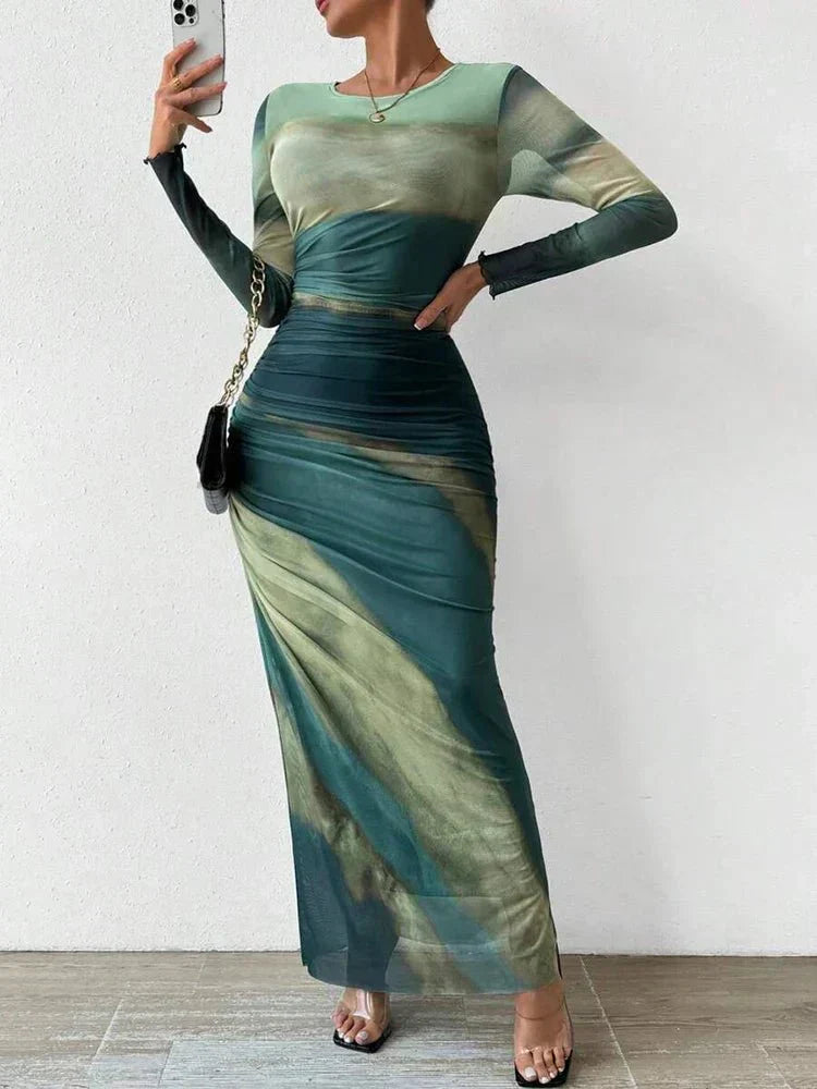 Abstract Brushstroke Print Ruched Mesh Overlay Bodycon Maxi Dress