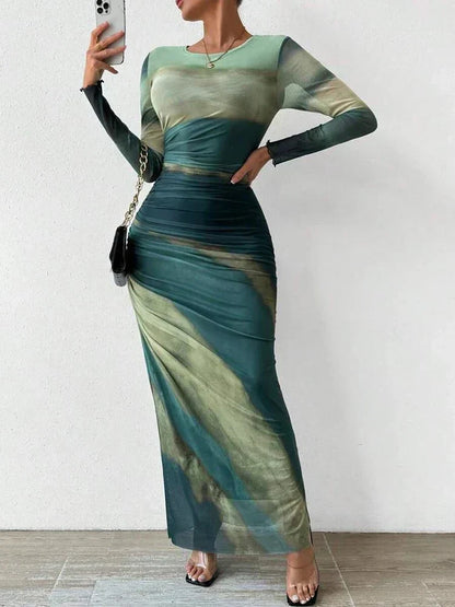Abstract Brushstroke Print Ruched Mesh Overlay Bodycon Maxi Dress
