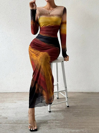 Abstract Brushstroke Print Ruched Mesh Overlay Bodycon Maxi Dress