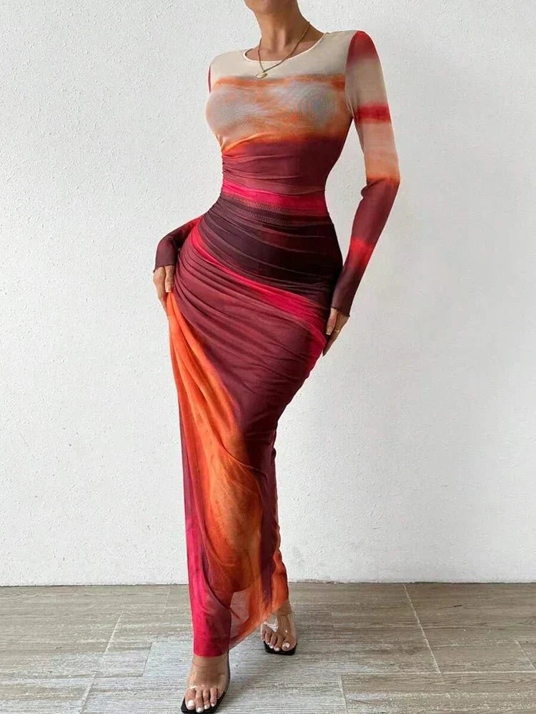 Abstract Brushstroke Print Ruched Mesh Overlay Bodycon Maxi Dress