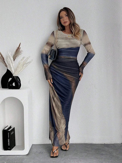 Abstract Brushstroke Print Ruched Mesh Overlay Bodycon Maxi Dress