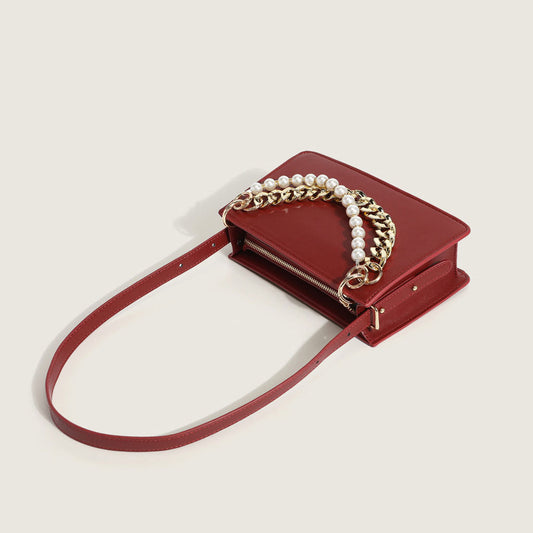Chunky Chain Zip Top Leather Shoulder Bag with Versatile Pearl Trim - Red