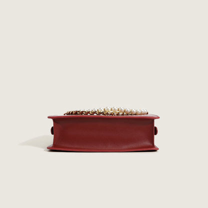 Chunky Chain Zip Top Leather Shoulder Bag with Versatile Pearl Trim - Red