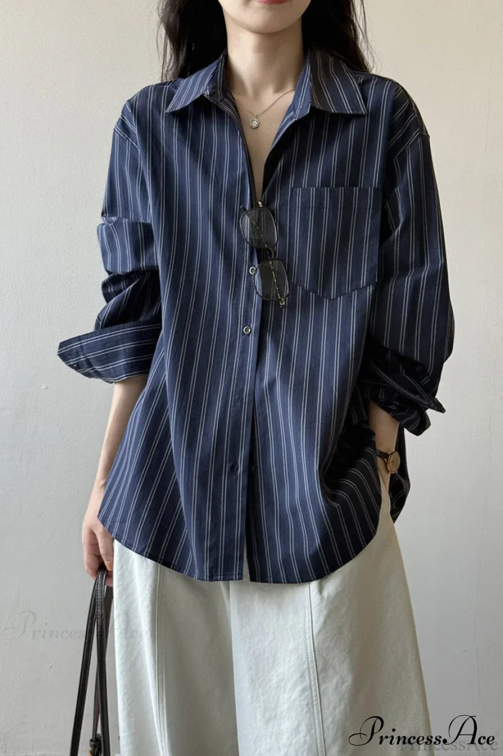 Vertical Stripe Long-Sleeve Cotton Loose Blouse