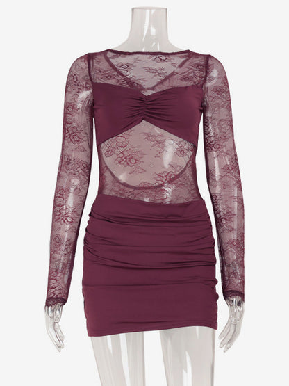 Sheer Lace Ruched Mini Dress For Women - Sexy Cut Out Open Back Bodycon Gown - Summer Night Out Club Party 2026