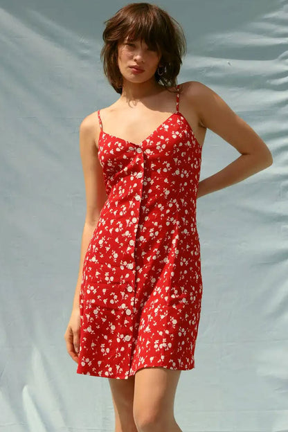 Ditsy Floral V-Neck Spaghetti Strap Button Front Mini Dress