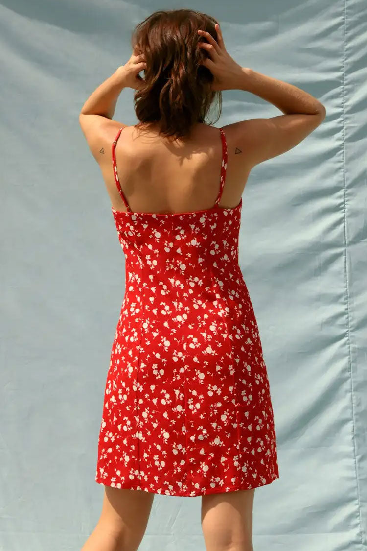Ditsy Floral V-Neck Spaghetti Strap Button Front Mini Dress