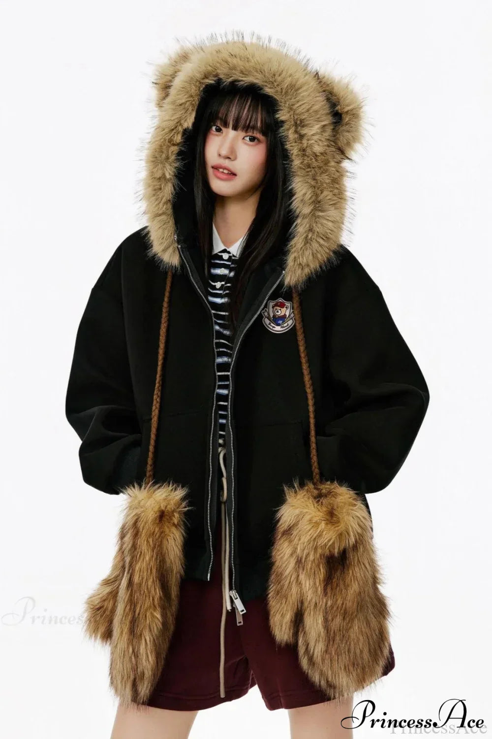 Vintage Bear Ear Fleece Collar Zip Hoodie