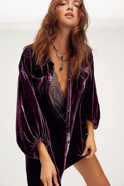 Bishop Sleeve Button-Front Flap Pocket Crushed Velvet Oversized Shirt Dress