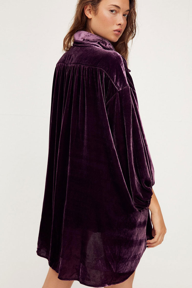 Bishop Sleeve Button-Front Flap Pocket Crushed Velvet Oversized Shirt Dress