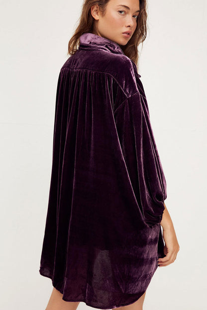 Bishop Sleeve Button-Front Flap Pocket Crushed Velvet Oversized Shirt Dress