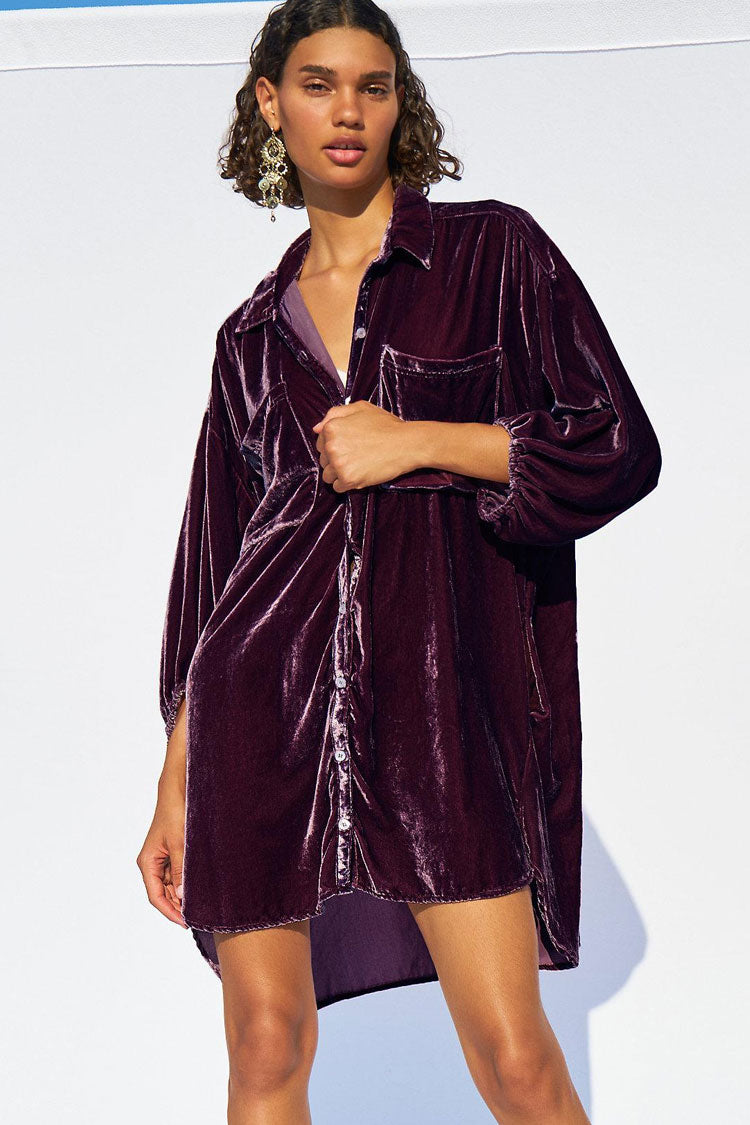 Bishop Sleeve Button-Front Flap Pocket Crushed Velvet Oversized Shirt Dress