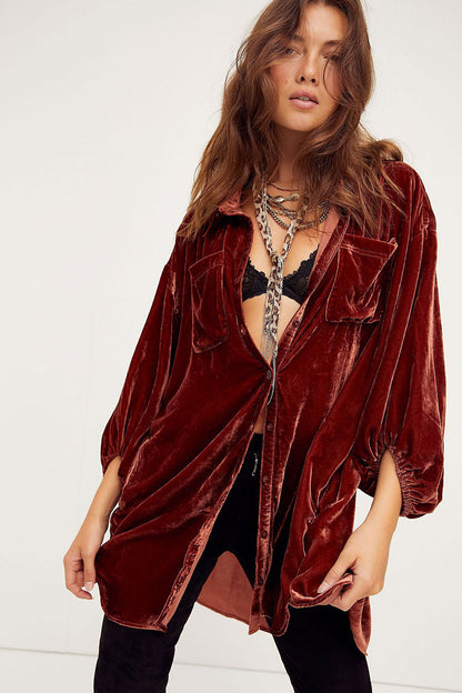 Bishop Sleeve Button-Front Flap Pocket Crushed Velvet Oversized Shirt Dress