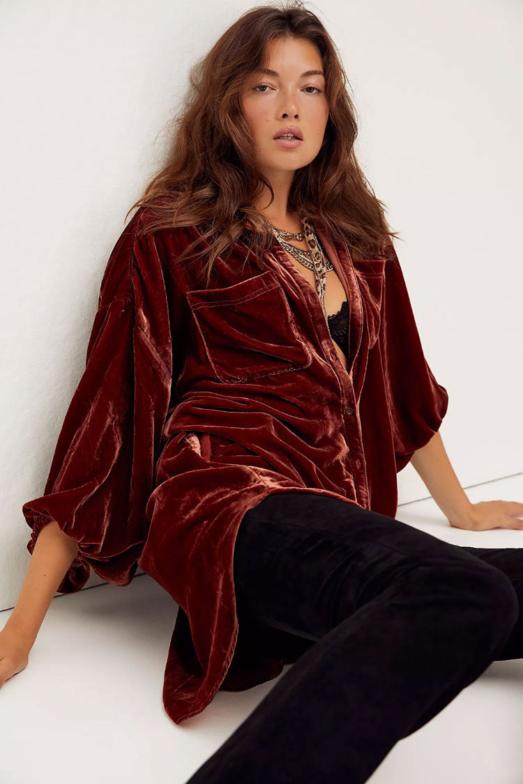 Bishop Sleeve Button-Front Flap Pocket Crushed Velvet Oversized Shirt Dress