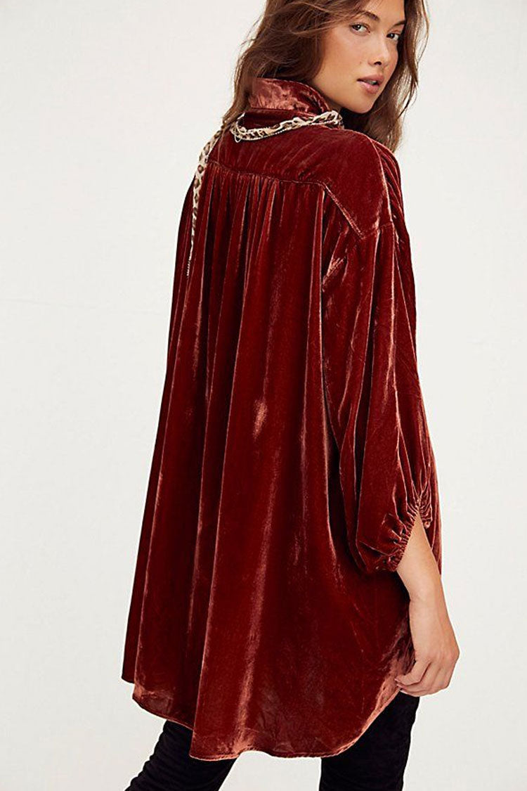 Bishop Sleeve Button-Front Flap Pocket Crushed Velvet Oversized Shirt Dress