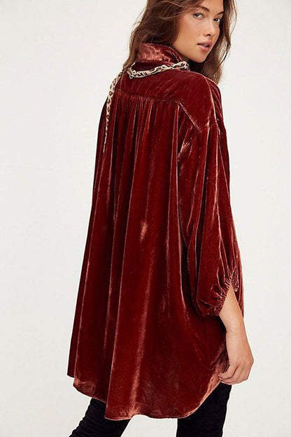 Bishop Sleeve Button-Front Flap Pocket Crushed Velvet Oversized Shirt Dress