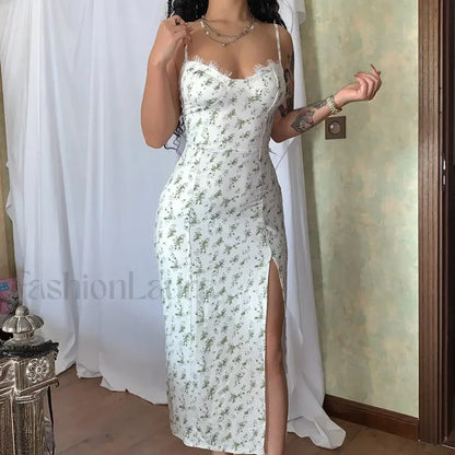 Vintage Boho Split Thigh Sleeveless Floral Print A-Line Beach Midi Dress