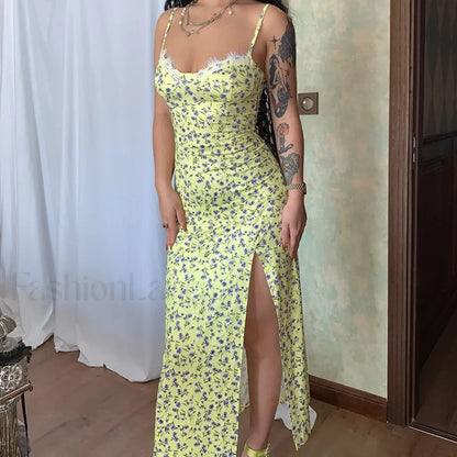 Vintage Boho Split Thigh Sleeveless Floral Print A-Line Beach Midi Dress