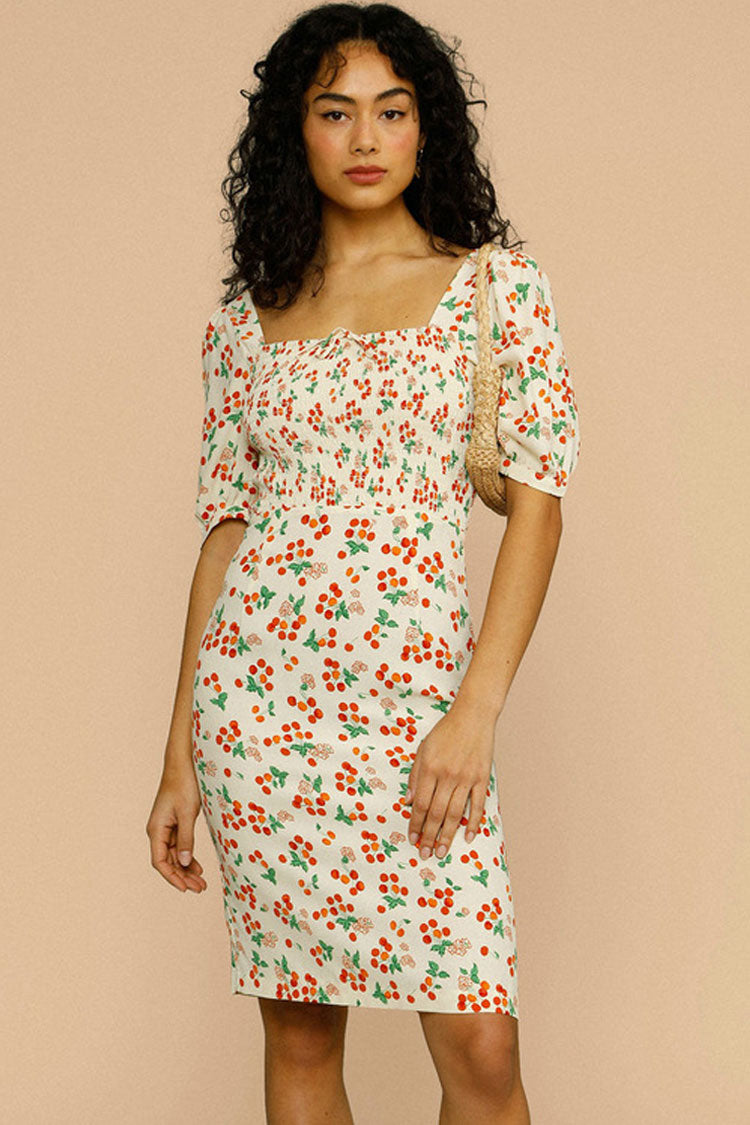 Print Smocked Square Neck Puff Sleeve Bodycon Mini Dress
