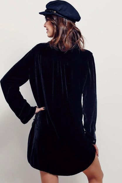 Collared Deep V-Neck Long Sleeve Curved Patch Pocket Crushed Velvet Shirt Mini Dress