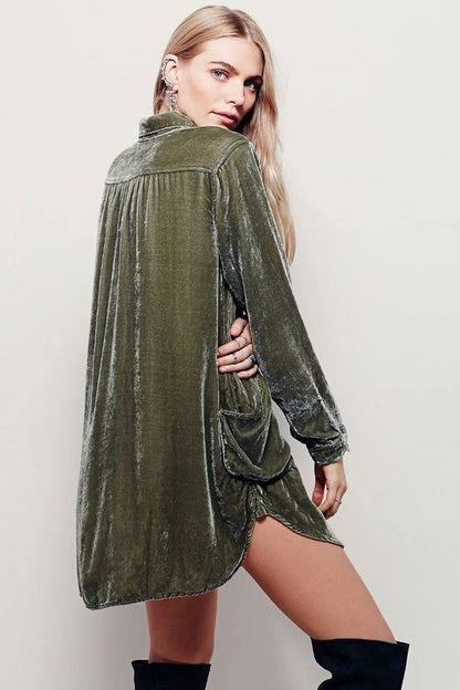 Collared Deep V-Neck Long Sleeve Curved Patch Pocket Crushed Velvet Shirt Mini Dress