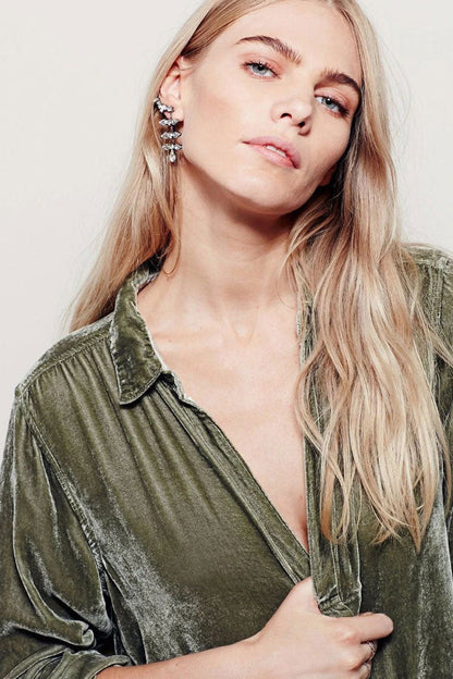 Collared Deep V-Neck Long Sleeve Curved Patch Pocket Crushed Velvet Shirt Mini Dress