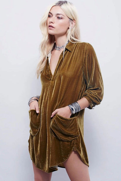 Collared Deep V-Neck Long Sleeve Curved Patch Pocket Crushed Velvet Shirt Mini Dress