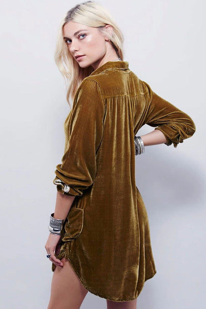 Collared Deep V-Neck Long Sleeve Curved Patch Pocket Crushed Velvet Shirt Mini Dress