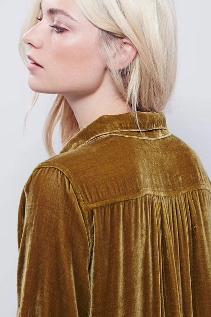 Collared Deep V-Neck Long Sleeve Curved Patch Pocket Crushed Velvet Shirt Mini Dress