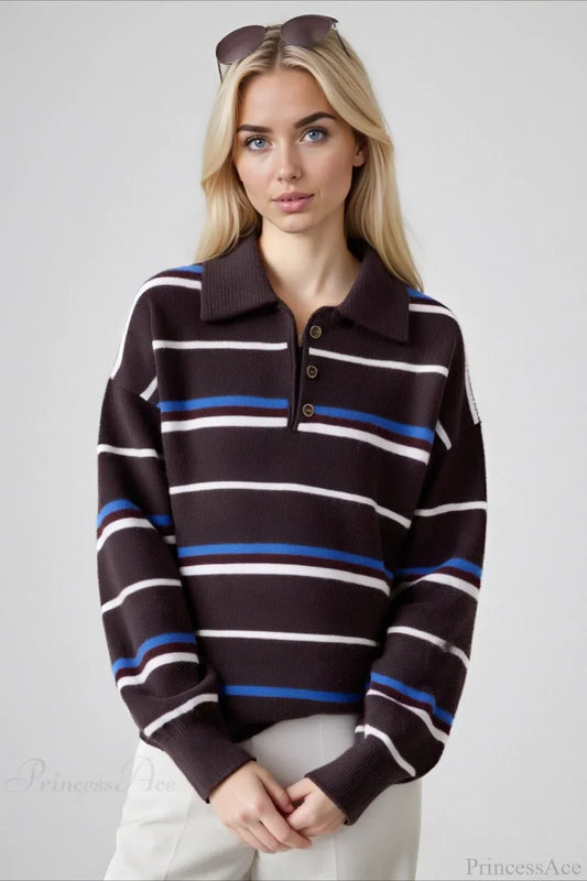 Vintage Colorblock Stripe Collar Patchwork Loose Knit Sweater