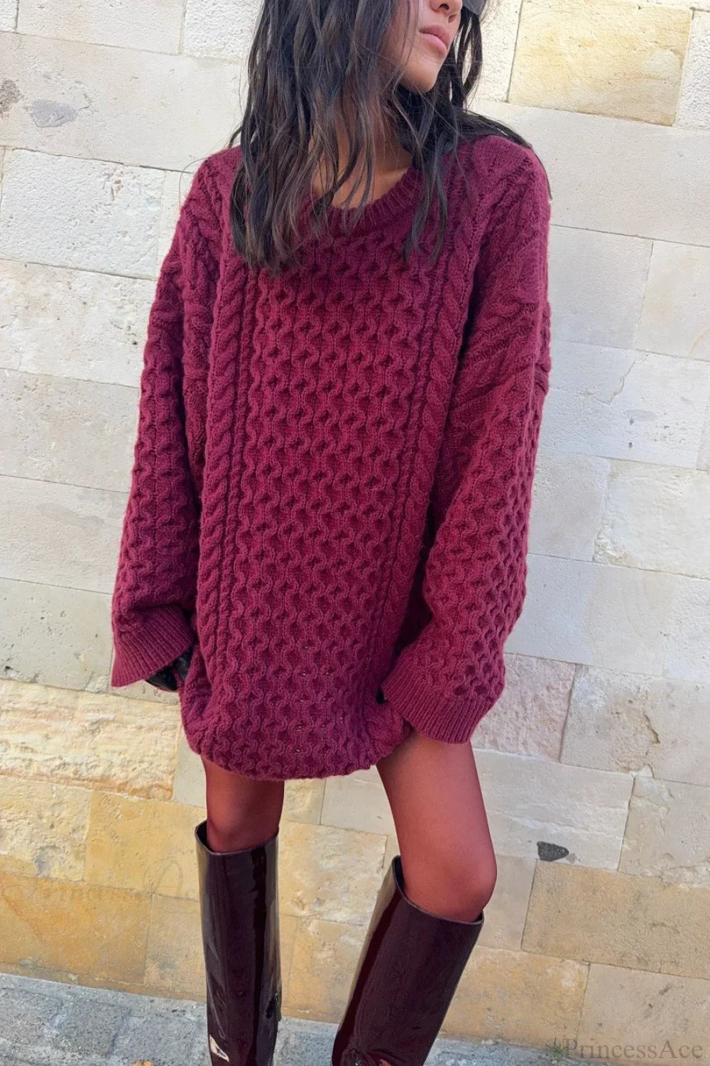 Vintage Crewneck Cable Knit Loose Sweater