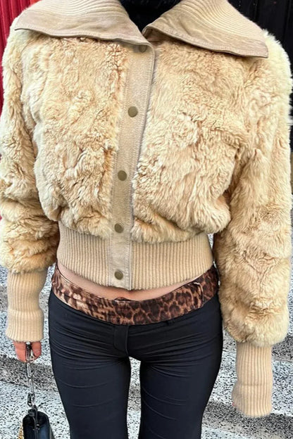 Vintage Cropped Fuzzy Wide Lapel Single Breasted Waist-Cinched Coat