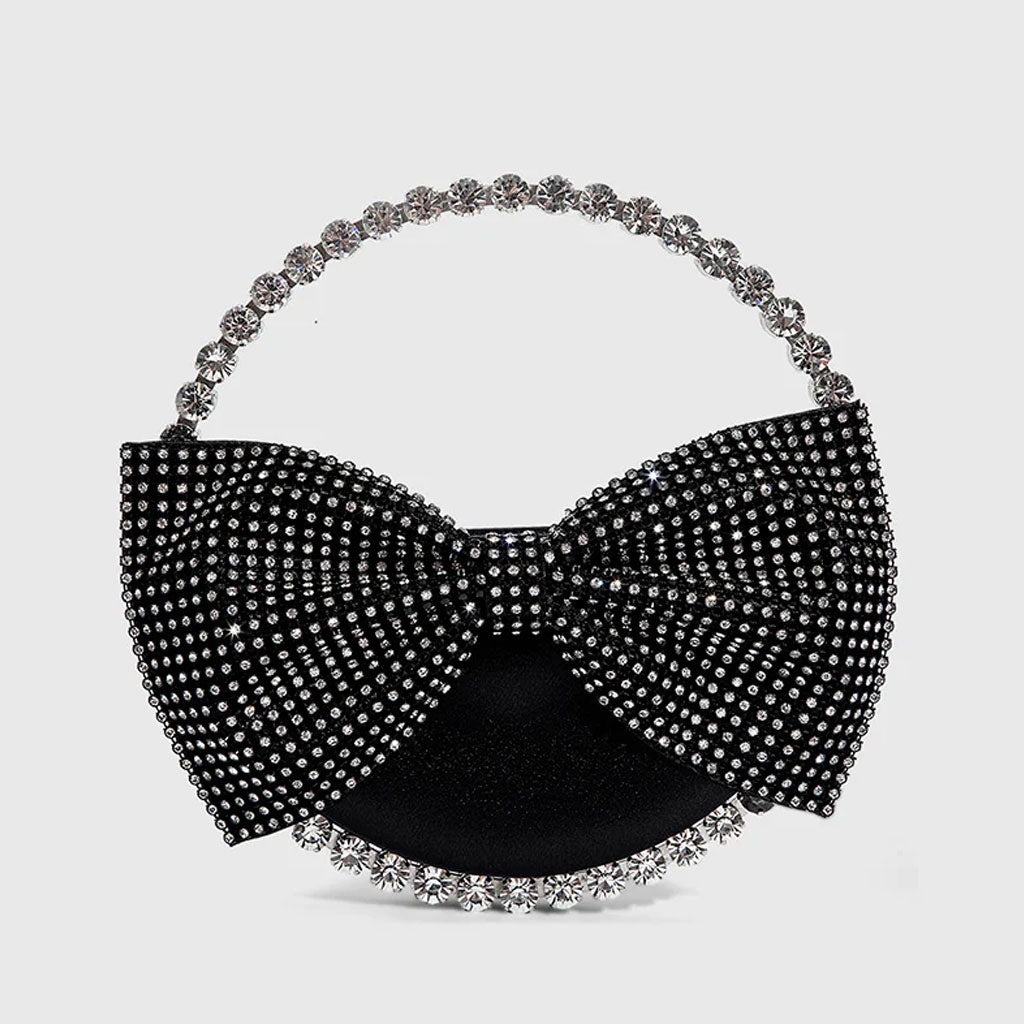 Vintage Crystal Bow Velvet Clutch Bag - Black