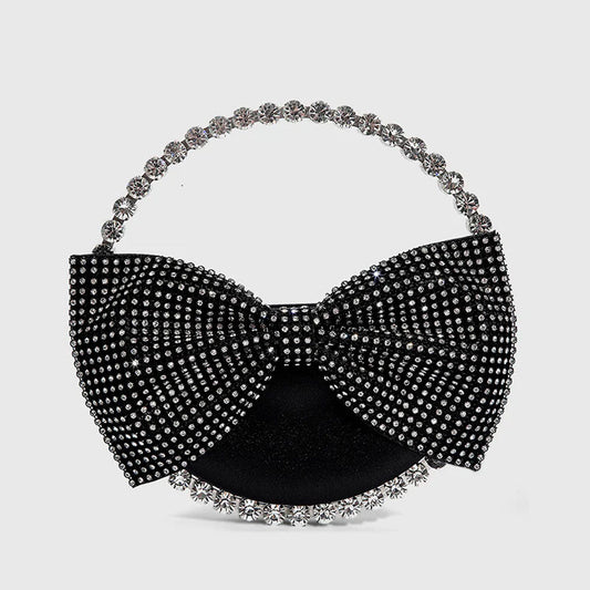 Vintage Crystal Bow Velvet Clutch Bag - Black