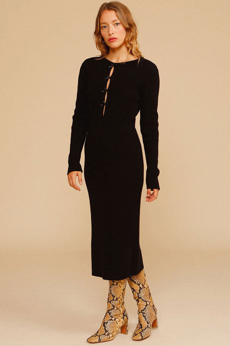 Ribbed Knit Crew Neck Keyhole Bow Accent Long Sleeve Maxi Sweater Dress