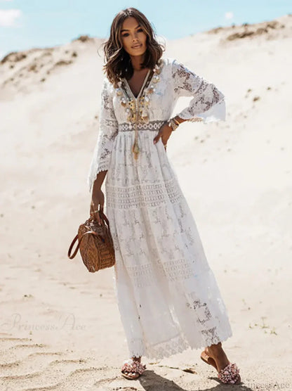 Vintage Embroidery Loose White Red Boho Dress