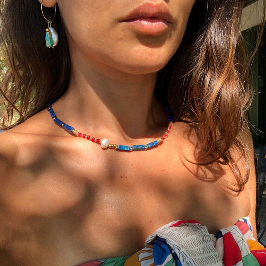 Klein Blue Vintage Faux Baroque Pearl and Beaded Choker Necklace