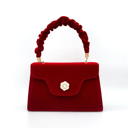 Red Vintage Faux Suede Clutch Bag with Foldover Flower Trim and Ruched Handle