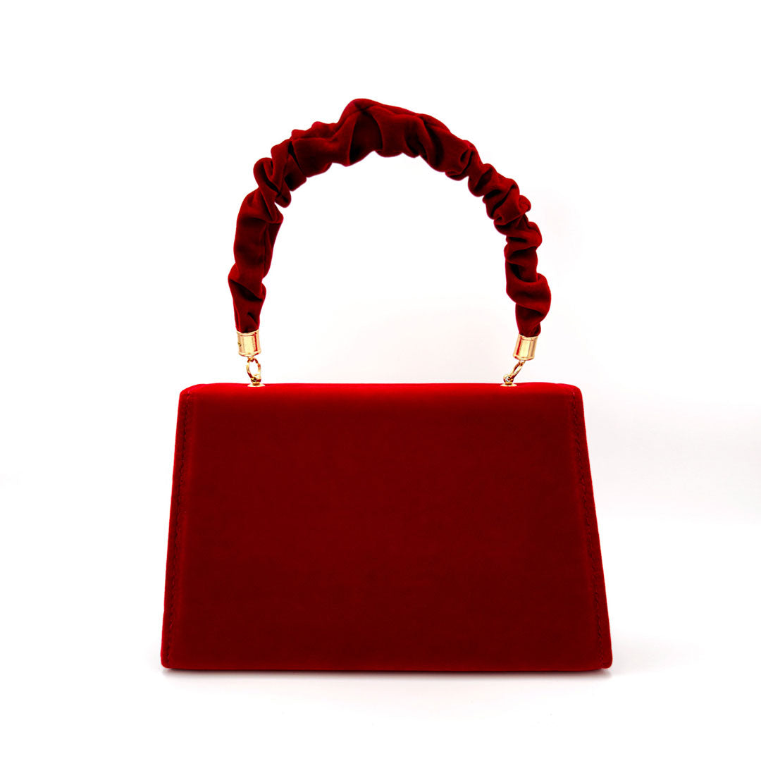 Red Vintage Faux Suede Clutch Bag with Foldover Flower Trim and Ruched Handle