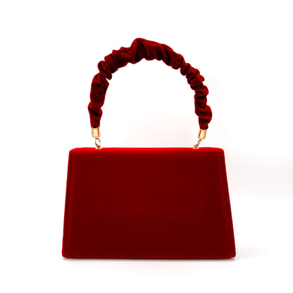 Red Vintage Faux Suede Clutch Bag with Foldover Flower Trim and Ruched Handle