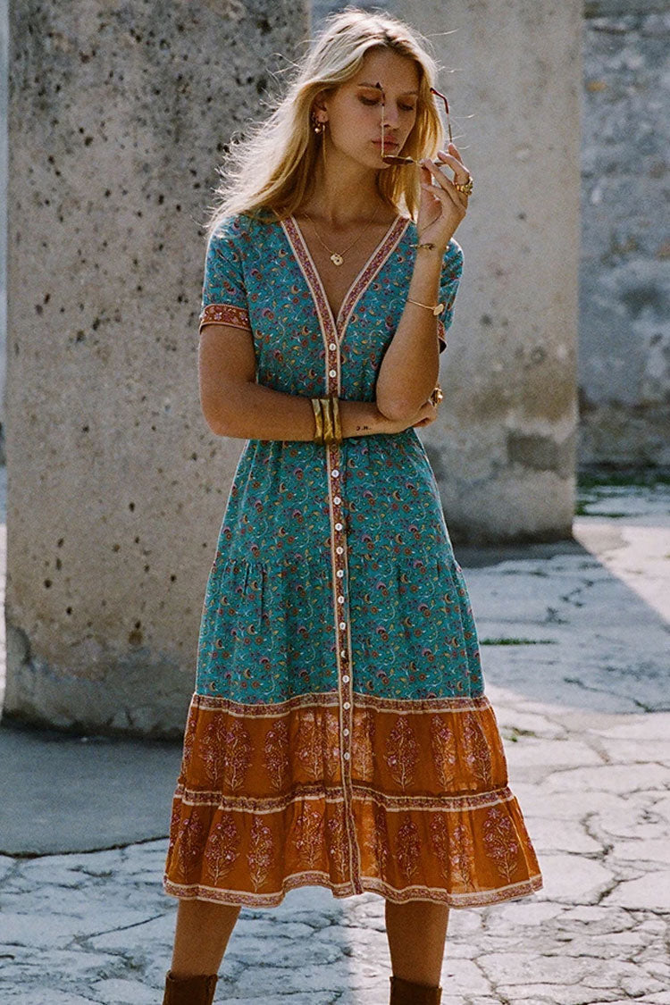 Button Front V-Neck Tiered Floral Print Midi Dress