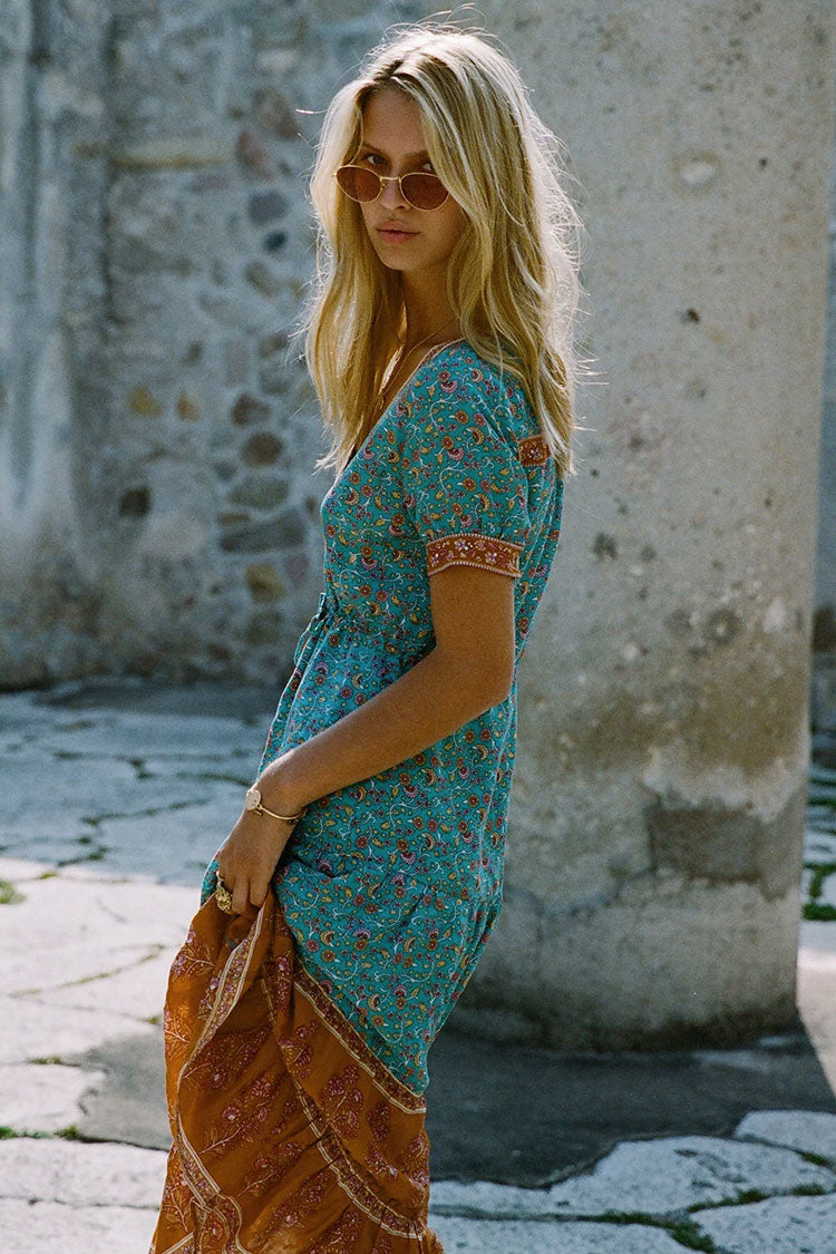 Button Front V-Neck Tiered Floral Print Midi Dress