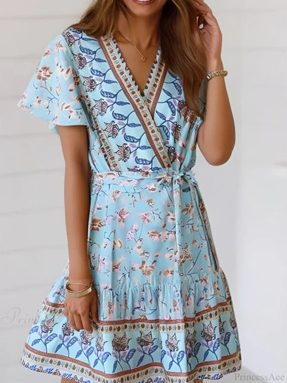 Vintage Floral Print Short Sleeve V-neck Sexy Mini Boho Dress