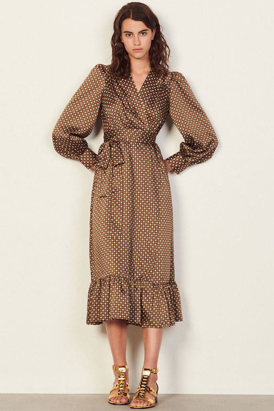 Geometric Medallion Print Balloon Sleeve Tie-Waist Ruffle Hem Wrap Midi Dress