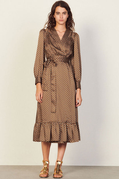 Geometric Medallion Print Balloon Sleeve Tie-Waist Ruffle Hem Wrap Midi Dress